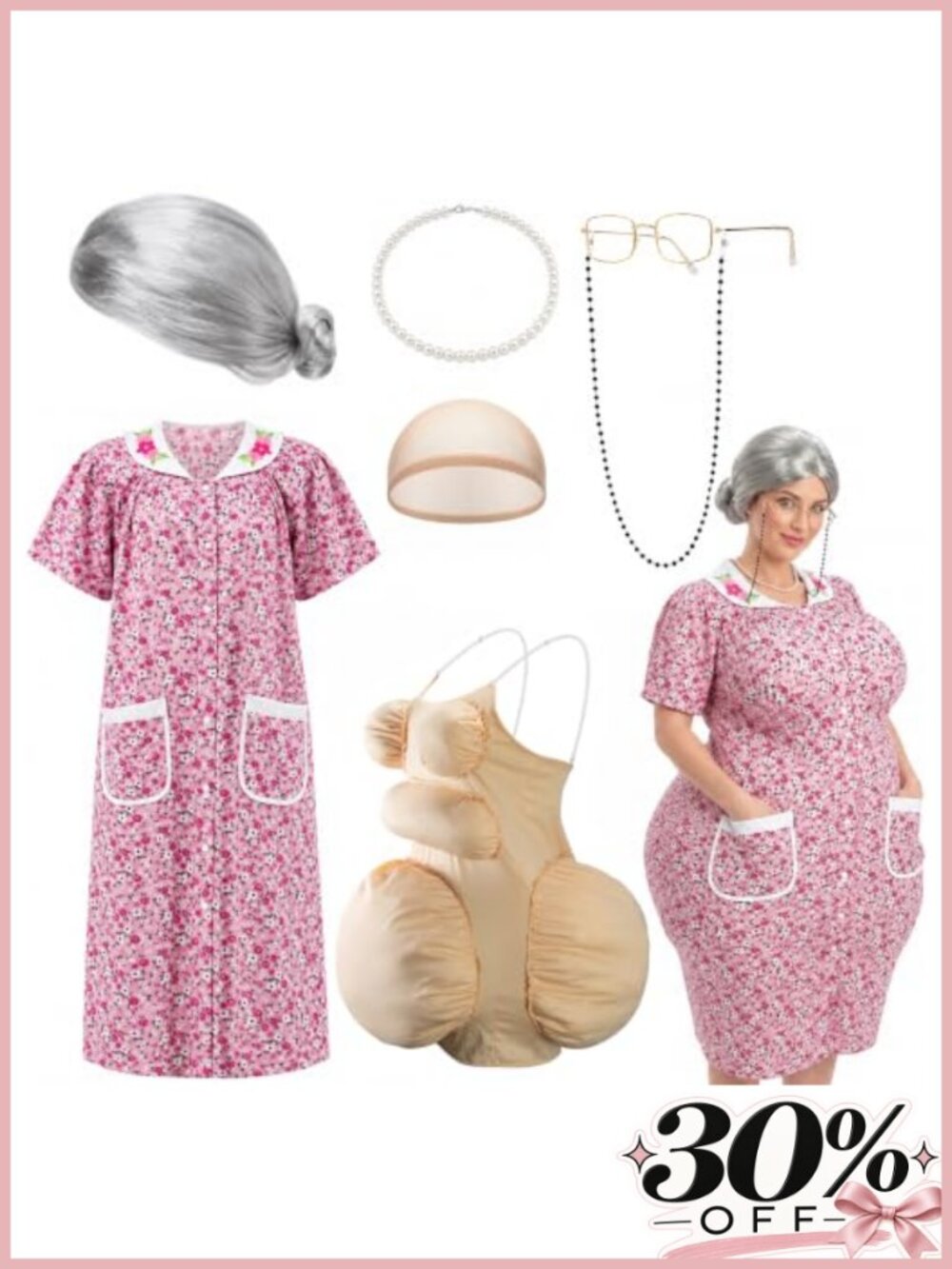 Funny Fat Old Lady Grandma Dress Costume Set of 7 for Women Halloween Adult